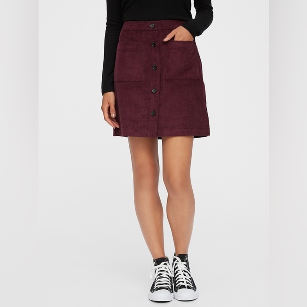 Corduroy Button-Front A-Line Skirt in Deep Wine